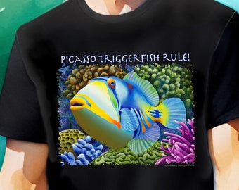 Picasso Triggerfish Rule, Pablo by Carolyn Steele, reef fish, colorful fish, exotic fish, snorkel lovers, scuba lovers, coral reef tshirt,