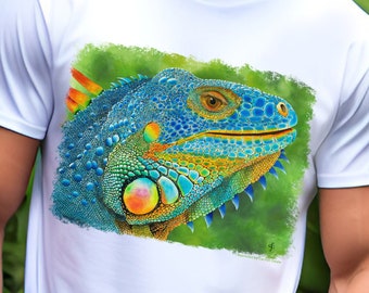 Iguana tshirt, male iguana, iguana head close up, reptile, lizard, exotic animals, exotic pets, animal lovers, Bejeweled, Carolyn Steele