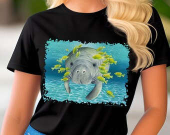 manatee t-shirt, Manatee Moochers by Carolyn Steele, Manatee floating, yellow fish grazing on manatee algae