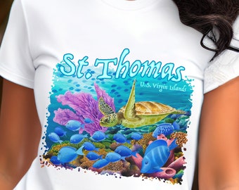 St. Thomas tshirt, St. Thomas USVI tshirt, US Virgin Islands, Carolyn Steele art, coral reef, sea turtle tshirt, snorkeler, scuba diver gift