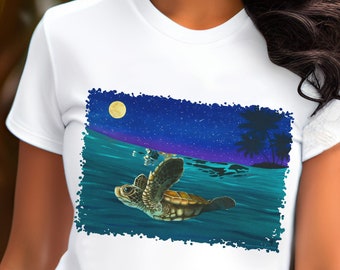 Waterlemon Moon tshirt, Carolyn Steele art, baby sea turtle, tropical night scene, nature lovers, full moon, tropical tshirt