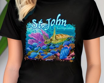 St. John tshirt, St. John USVI tshirt, US Virgin Islands, Carolyn Steele art, coral reef, sea turtle tshirt, snorkeler, scuba diver tshirt