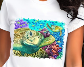 Sea Turtle Greetings tshirt, Carolyn Steele art, sea turtles, tropical tshirt, sea turtle close up, coral reef scene, turtle lovers