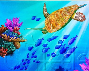 Giclée print, scuba/snorkel, Caribbean, sea turtles: Riding the Beam