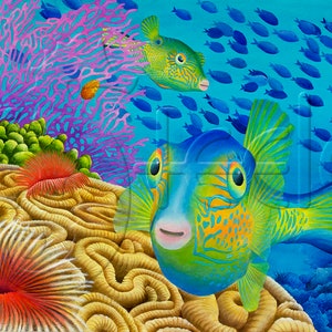 May include: A vibrant underwater scene with two colourful pufferfish swimming near coral reefs and a shoal of blue fish. The larger pufferfish is blue, green, and yellow with a pink mouth. The smaller pufferfish is yellow and green. The coral reefs are a mix of pink, green, and brown.