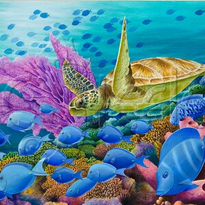 Underwater Tropical Caribbean Coral Reef Art Print With Sea Turtle ...