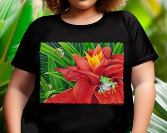 tree frog t-shirt, Three Amigos by Carolyn Steele, red flower, tropical t-shirt, green tree frogs, cute tshirt, colorful, bromeliad plants