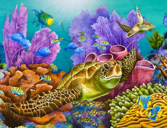Carolyn Steele tropical art print coral reef and sea turtle | Etsy