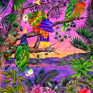 Carolyn Steele tropical art print, sunset, floral, endangered parrots, Caribbean: &quot;Happy Hour&quot;
