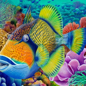 May include: A colorful triggerfish with blue, yellow, orange, and green scales swims in a coral reef. The fish has a large mouth with visible teeth and a prominent eye. The reef is filled with various coral formations in shades of pink, purple, and brown.