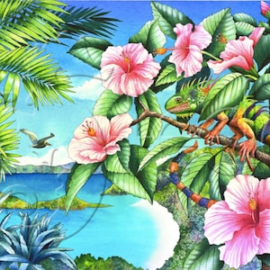 May include: A green iguana with orange stripes perched on a branch with pink hibiscus flowers and green leaves. The iguana is looking to the left. The background is a blue ocean with green islands and a blue sky with white clouds.
