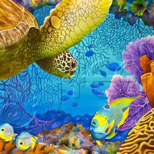 Carolyn Steele tropical art print, Caribbean coral reef and sea turtle: &quot;Reef Rendezvous&quot;