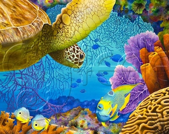Carolyn Steele tropical art print, Caribbean coral reef and sea turtle: "Reef Rendezvous"