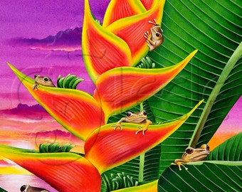 Tropical print - tree frogs, red heliconia, sunset island scene: Split Level Sunset