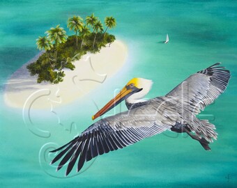 Tropical art print with desert island and brown pelican: Pelican's Perspective
