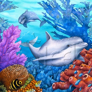 Carolyn Steele tropical art print, playful dolphins: &quot;Reef Racers&quot;