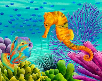 Wrasse and seahorse on coral reef: Coral Confab