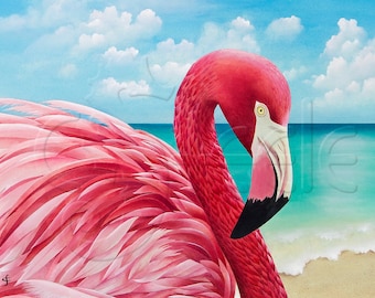 Tropical beach, sunshine, Caribbean, Florida, aqua water, gentle surf, flamingo art print: "Pretty in Pink"