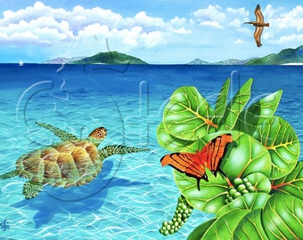 Carolyn Steele tropical art print Caribbean, sunny day, clear water, butterfly, sea grape, sea turtle: "Good Day Sunshine"