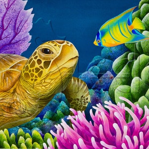 Sea turtle, juvenile queen angelfish, coral reef: &quot;Reef Buddies&quot;