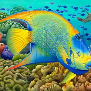 Könnte beinhalten: Ein leuchtend blauer und gelber Kaiserfisch schwimmt durch ein Korallenriff. Der Fisch hat einen leuchtend gelben Schwanz und Flossen, und sein Körper ist mit blauen Schuppen bedeckt. Das Riff ist gefüllt mit bunten Korallen und anderen Fischen.