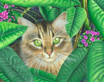 Tropical foliage, soulful tabby cat: King of his Jungle