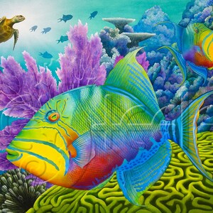 May include: A vibrant, colorful painting of a triggerfish swimming in a coral reef. The fish is blue, green, yellow, and red with a bright orange mouth. The coral reef is a vibrant green and purple.