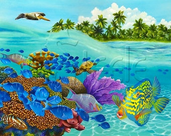 Carolyn Steele tropical art print, Caribbean over/under coral reef scene: "Coral Carnival"
