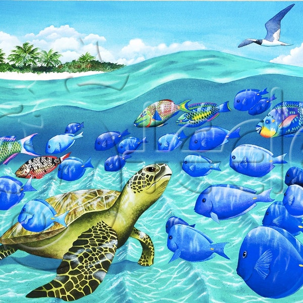 Carolyn Steele tropical art print, scuba divers & snorkelers, coral reef, sea turtle and colorful school of fish: "Passing Parade"