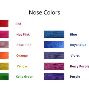 Puede incluir: Una tabla que muestra diferentes colores de hilo con el texto "Nose Colors" en la parte superior. Los colores son rojo, rosa intenso, rosa claro, naranja, amarillo, verde kelly, azul, azul real, violeta, morado baya y morado.