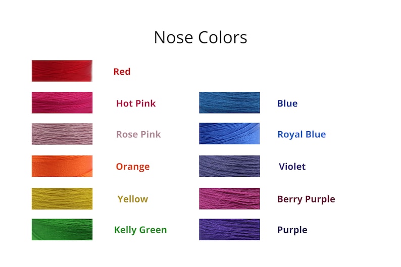 Puede incluir: Una tabla que muestra diferentes colores de hilo con el texto "Nose Colors" en la parte superior. Los colores son rojo, rosa intenso, rosa claro, naranja, amarillo, verde kelly, azul, azul real, violeta, morado baya y morado.
