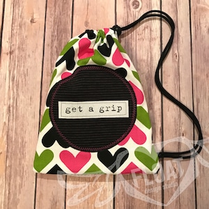 FLOAT&#39;s Athletic Collection..&quot;Gymnastics Grip Bag, GET A GRIP, Love, Hearts, Pink, Green, Black&quot;, #gymnastics, #gripbag, #bars