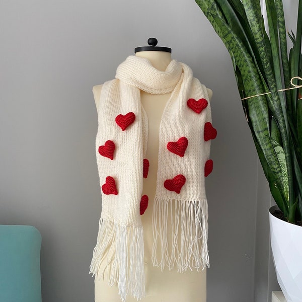 Heart Scarf, Winter Scarves, Knit Gift, 3D Heart, Woman Accessories, Gifts For Her, Handknit Shawl, Wool Scarf, Women Knitwear Miss You Gift