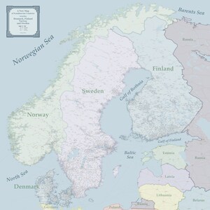 Grande impression de carte murale de la Scandinavie, 41 x 41 pouces, non conçue par l'IA, impression de carte murale en papier satiné, carte de la Scandinavie continentale