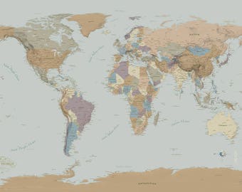 Mural de mapa del mundo aún más grande. Calcomanía de mapa del mundo de 325 x 230 cm con montañas, ciudades y mucho más. No diseñado con IA.