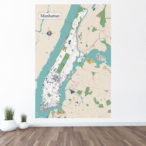 Riesige Karte von Manhattan Wandbild Wandkunst, nicht KI entworfen, Karte Aufkleber 48 "x 72"