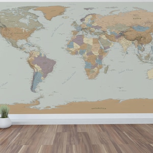 Giant World Map Mural Wall Art World Map Decal 96"x48" with Mountains, Cities and More!