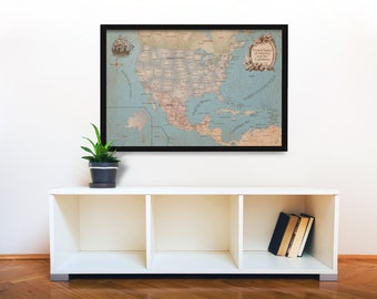 Antique Style with Colors, US and Caribbean Travel Map, Digital Print Travel Map, US Map, Caribbean Map, 36x24