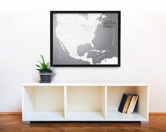 Black and White Map, US and Caribbean Travel Map, Map Digital Print, Push Pin Travel Map, US Map, Caribbean Map, 30"x24"