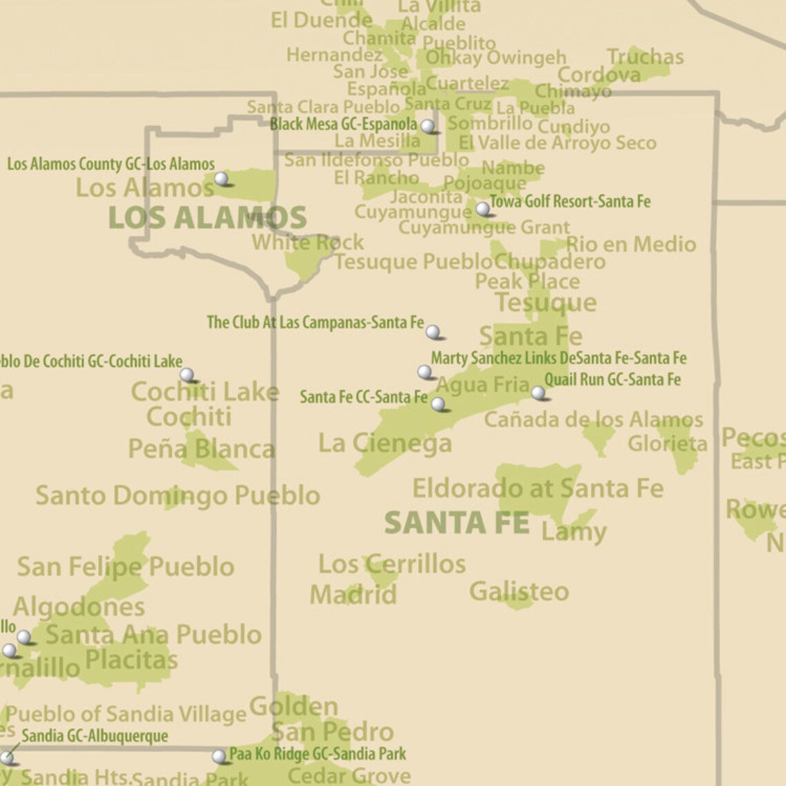 New Mexico Golf Courses Map Large 27x27 Golfing New Mexico Etsy
