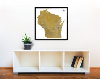 Puede incluir: Un mapa enmarcado de Wisconsin con un fondo dorado y características de agua azules. El mapa está colgado en una pared blanca sobre un estante blanco con una planta en maceta y libros.