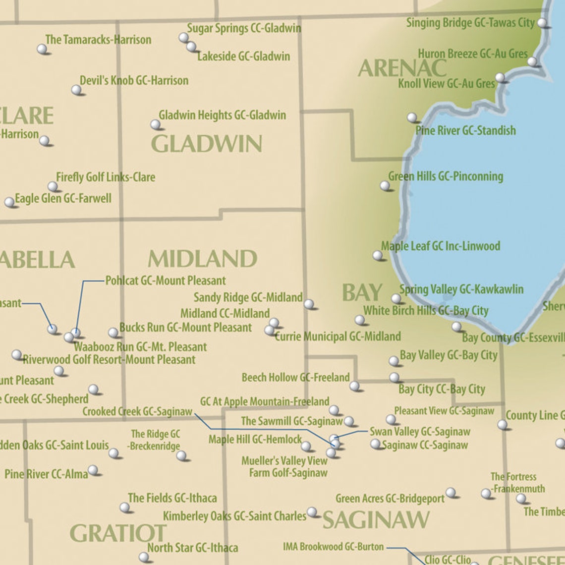 Michigan Golf Courses Map Michigan Map 30x24 Etsy