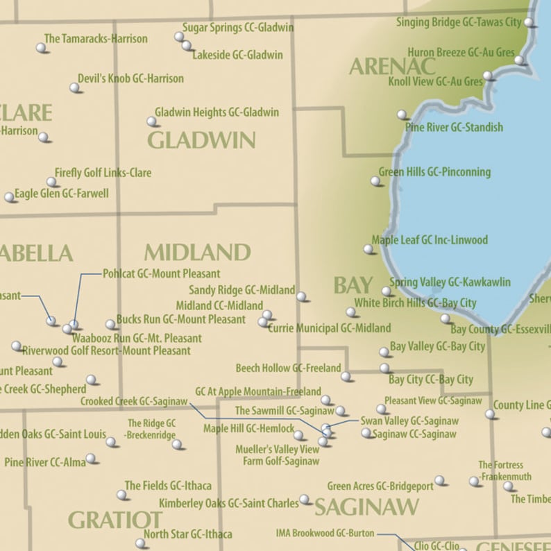 Michigan Golf Courses Map Michigan Map 30x24 - Etsy