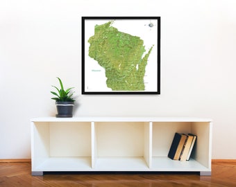 Puede incluir: Un mapa enmarcado de Wisconsin con un diseño topográfico verde y marrón. El mapa está colgado en una pared blanca sobre un estante blanco con una planta en maceta y libros.