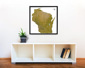 Puede incluir: Un mapa enmarcado de Wisconsin con un diseño topográfico verde y marrón. El mapa está colgado en una pared blanca sobre un estante blanco con una planta en maceta y libros.