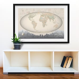 World Travel Map, Not AI Designed, Skylines, Soft Colors Large 24x36 Paper Print
