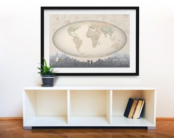 World Travel Map, Not AI Designed, Skylines, Soft Colors Large 24x36 Paper Print