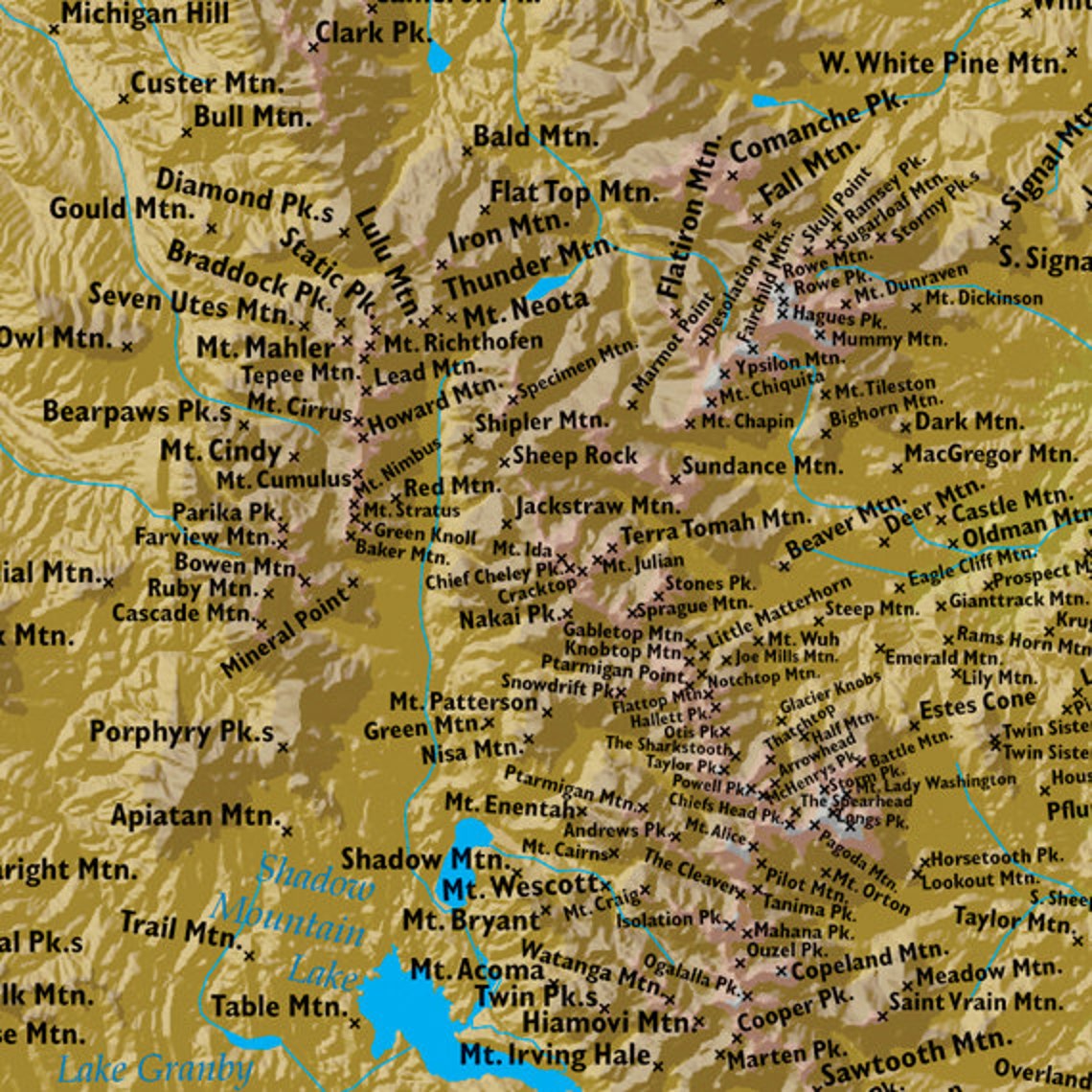 Artistic Map of Colorado Peaks and High Places, highlighting mountainous areas.