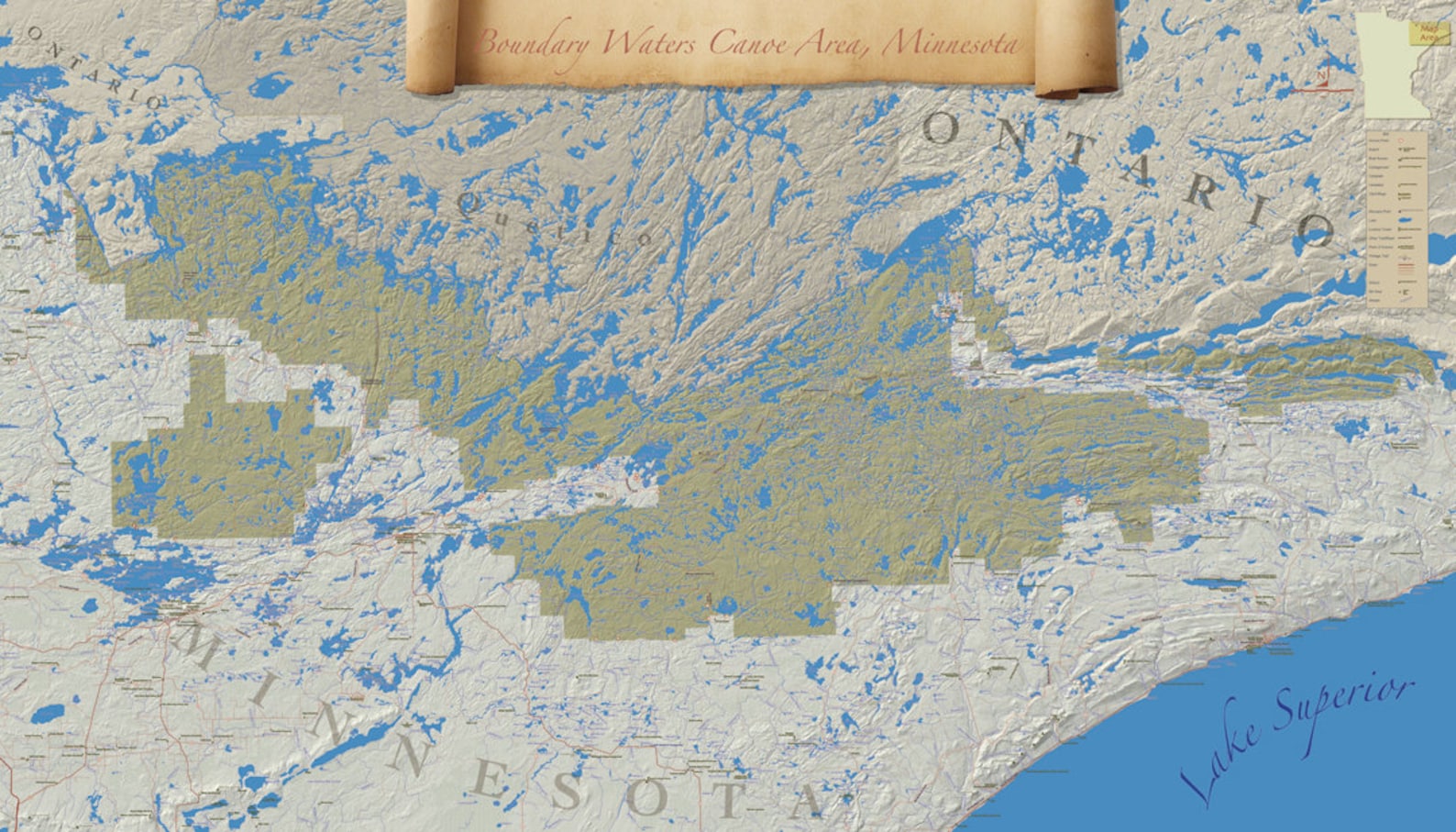 Mural Boundary Waters Canoe Area Wilderness Map, Not AI Designed, One