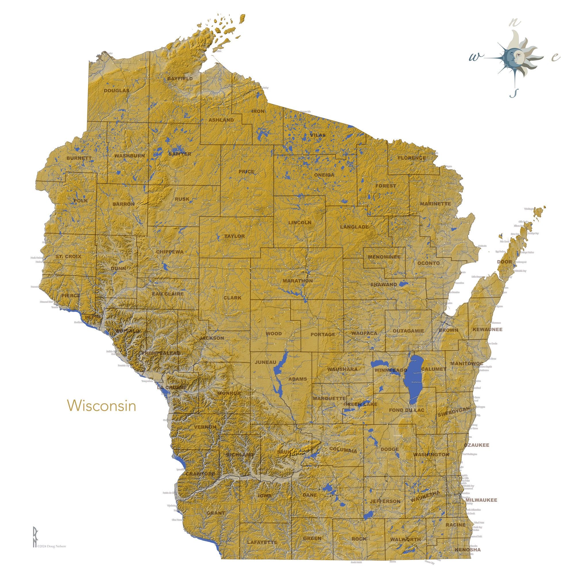 Wisconsin Topographic Map.pdf Wisconsin Topographic Map Wall Art in Golds | Shaded Relief Map Print ...